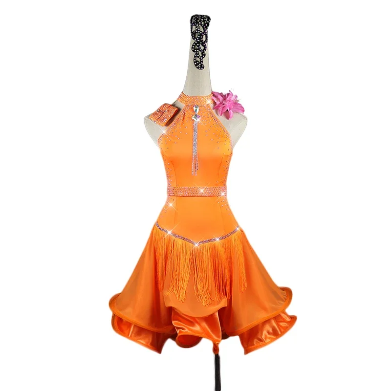 Strass feminino vestido de dança latina, vestido sexy laranja, fantasias de competição, salsa e Cha Cha, novo, verão