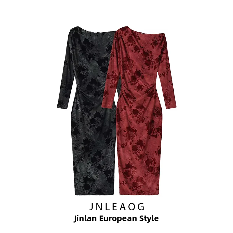 Comfortable Long Sleeve Flocked Dress JNLEAOG Women's Fashion Autumn New Style Two Color Asymmetrical Collar H-Line Gown