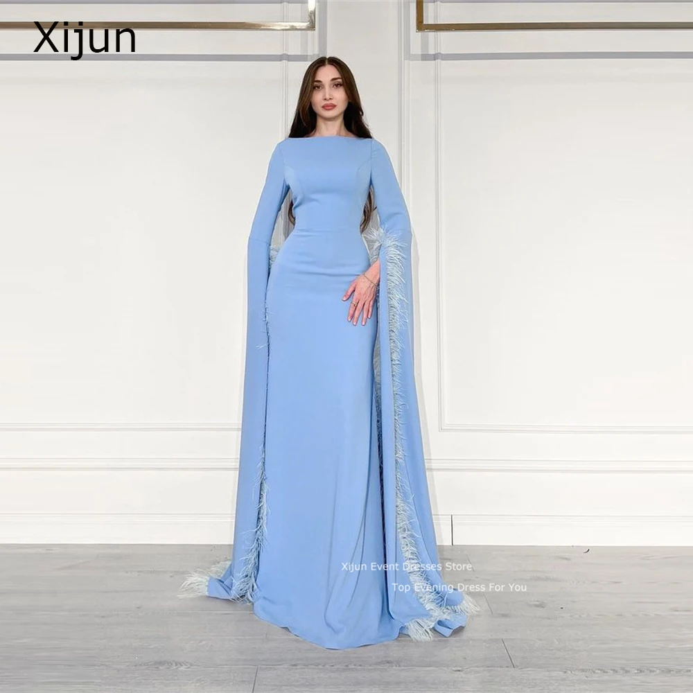 

Xijun Blue Evening Dress Feather Floor Length Prom Dress 2023 Formal Luxury Prom Gowns 2023 For Women Dubai Vestidos Side Slit