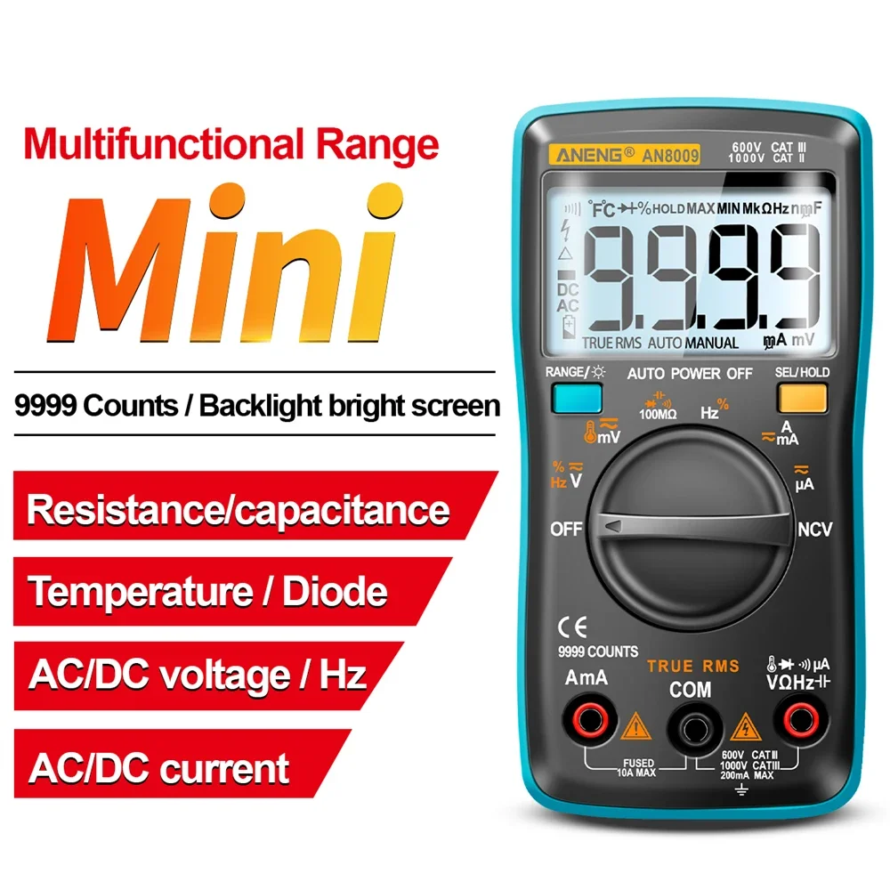 

AN8009 Multimeter Transistor Testers Capacitor True-RMS Tester With NVC Automotive Electrical Capacitance Meter Temp Diode