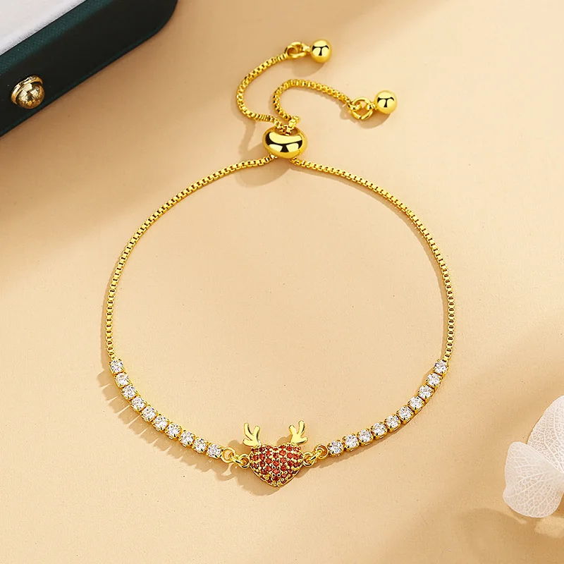 

Charm Golden Chain Advanced Bracelet Red Zircon Heart Deer Antlers Bracelet For Women Exciting Jewelry Romantic Love Gift 2024