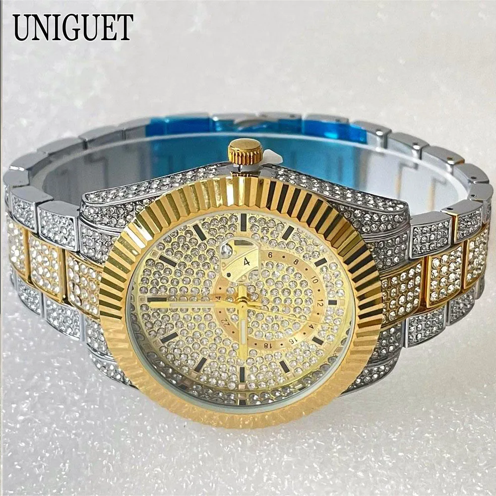 Top Brand UNIGUET Lxuxry Quartz Watch For Men Fashion Waterproof Watch Mans Hip Hop Iced Diamond Jewelry Wristwatch Reloj Hombre