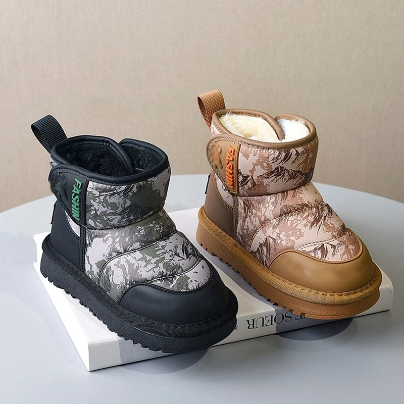 

Зимние детские толстые теплые зимние сапоги, детские зимнепроницаемые непромокаемые короткие сапоги для мальчиков и девочек, 2025 г., детские модные хлопковые сапоги с принтом