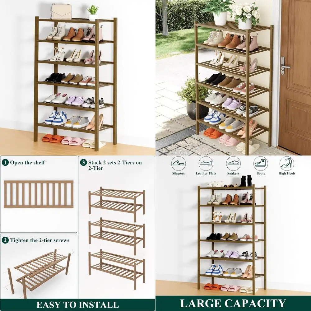 

6-уровневый бамбуковый органайзер для обуви, штабелируемая деревянная полка для хранения шкафов, прихожей и передних дверей, отделка орех