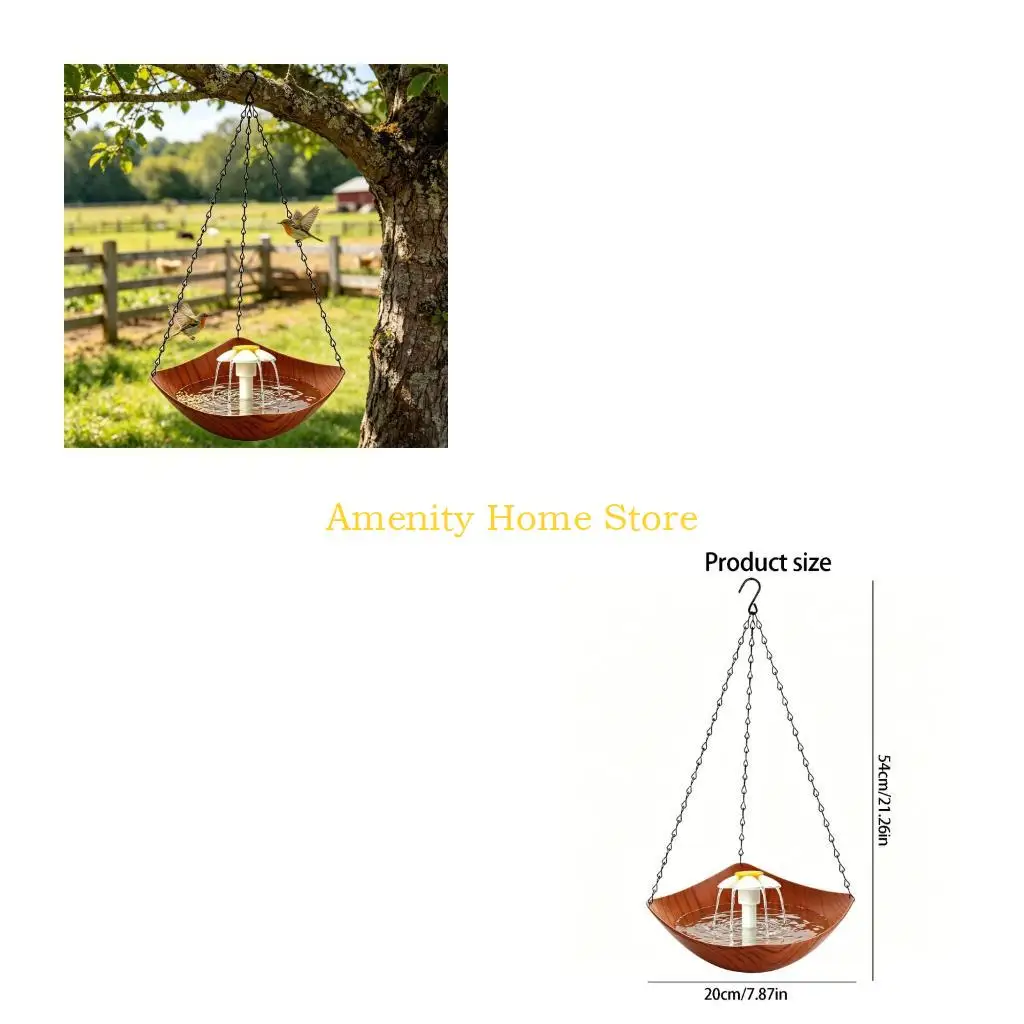 F26C Garden Bird Bath Water Bowl with Solar Insert, Hanging Hook Chain Structure and Wood Look Plastic Body for Home Use