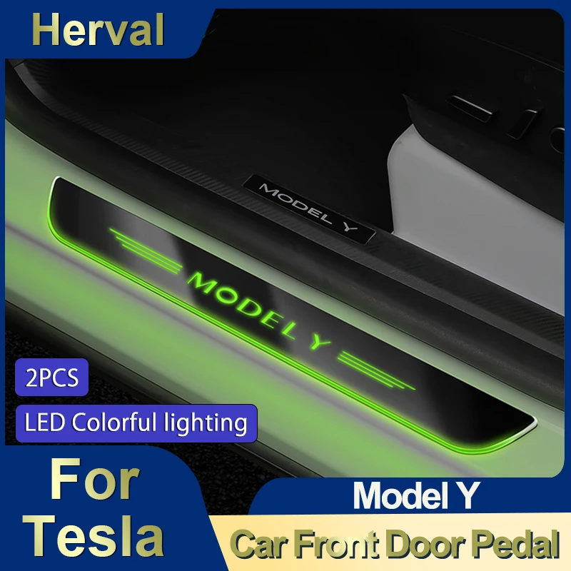 Herval For Tesla Model Y Front Door Pedal Cover LED Colorful lighting Protector Welcome Threshold Strip Car Interior accessories