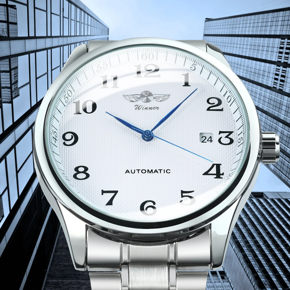 Winner Klassische Business-Armbanduhr für Herren, Retro-Kalender, blaue Zeiger, automatische mechanische Uhren, Top-Marke, Luxus-Stahl-Ledergürtel – Detail 11