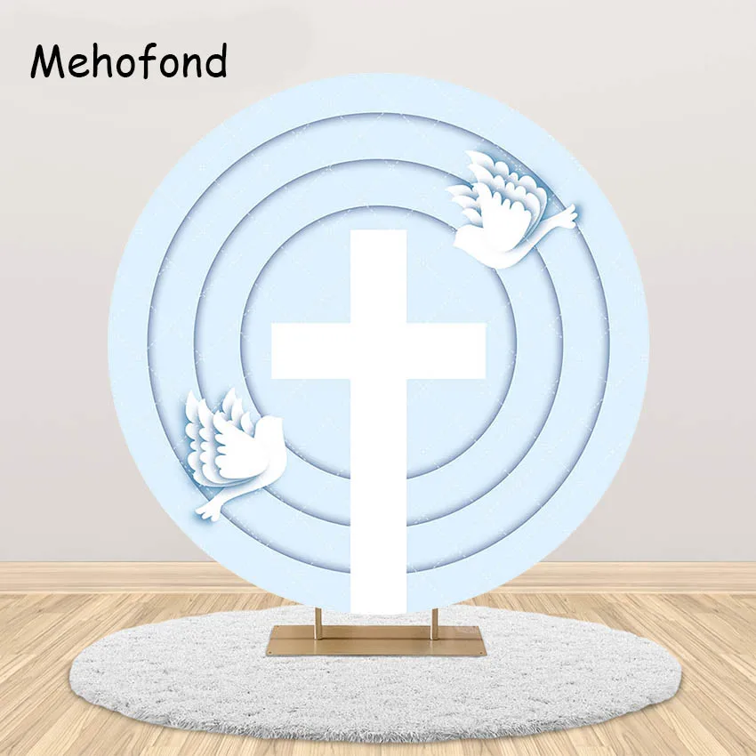 Mehofond God Bless Round Backdrop Cover Blue Pink Dove Boy Girl Baptism Party Circle Background Cross Stripe Decor Props