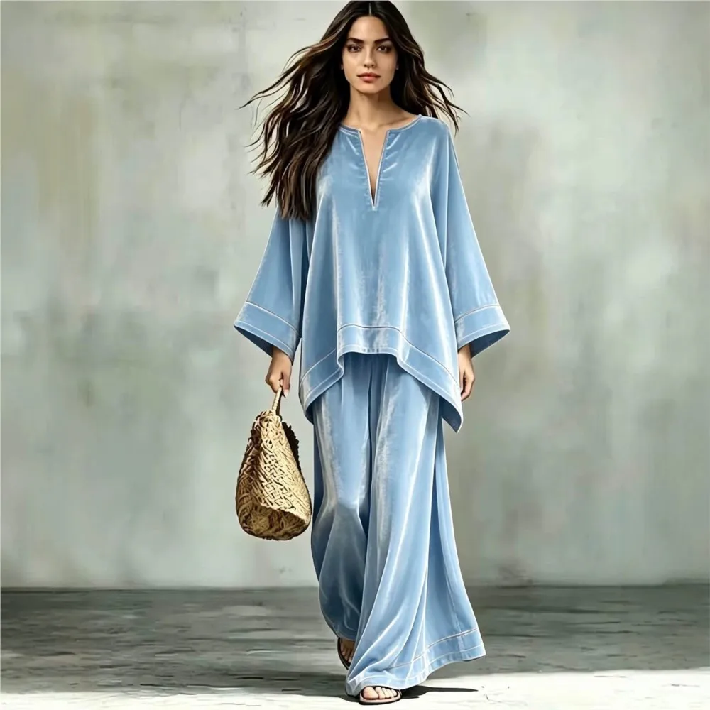 Autumn Winter New Velvet Vintage Loose Batwing Long-Sleeved V Neck Women Pants 2-Piece Casual Wide Fitting Long Pants Female Set