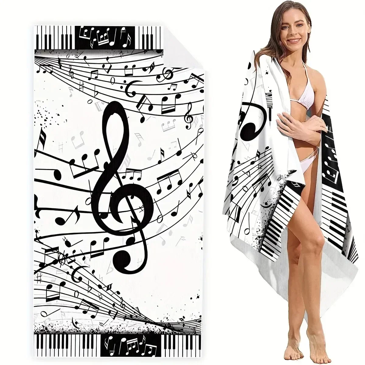 Oversized Beach Towel with Musical Score Pattern, Soft Quick-drying Towel for Outdoor Activities, Bathroom Accessories