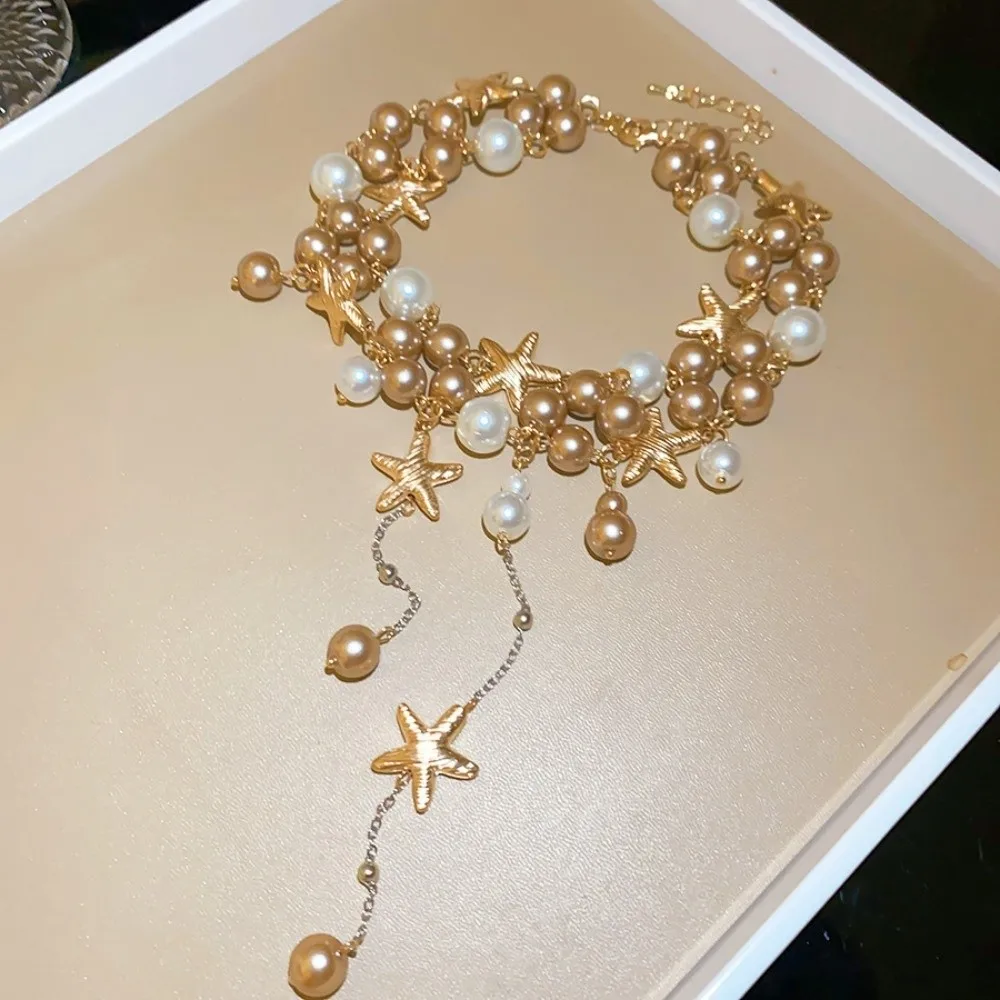 Bohemian Starfish Necklace Beach Surfer Tassel Trendy Beach Necklace Pearl Bead Splicing Summer Clavicle Chain Summer Party