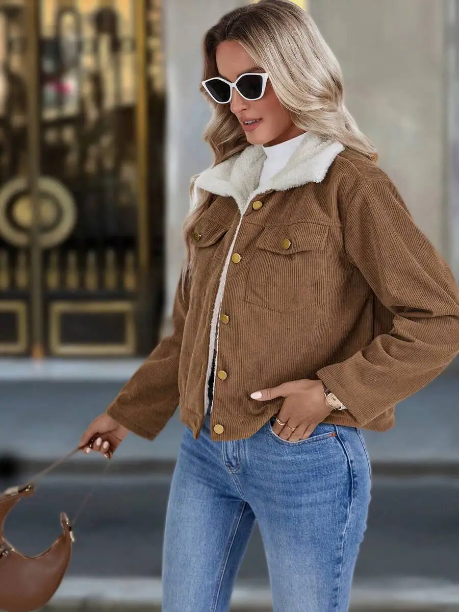 Damska kurtka sztruksowa z grubym aksamitnym podszyciem, zapinana na guziki, casualowy płaszcz na jesień i zimę.