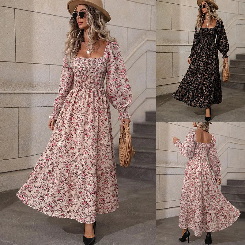 Faionable Floral Print Long Sve Bal Damen Dr Cross-Border Mid Waist Cleanfit H-Sle Baumwolle 00 % Lantern Sve