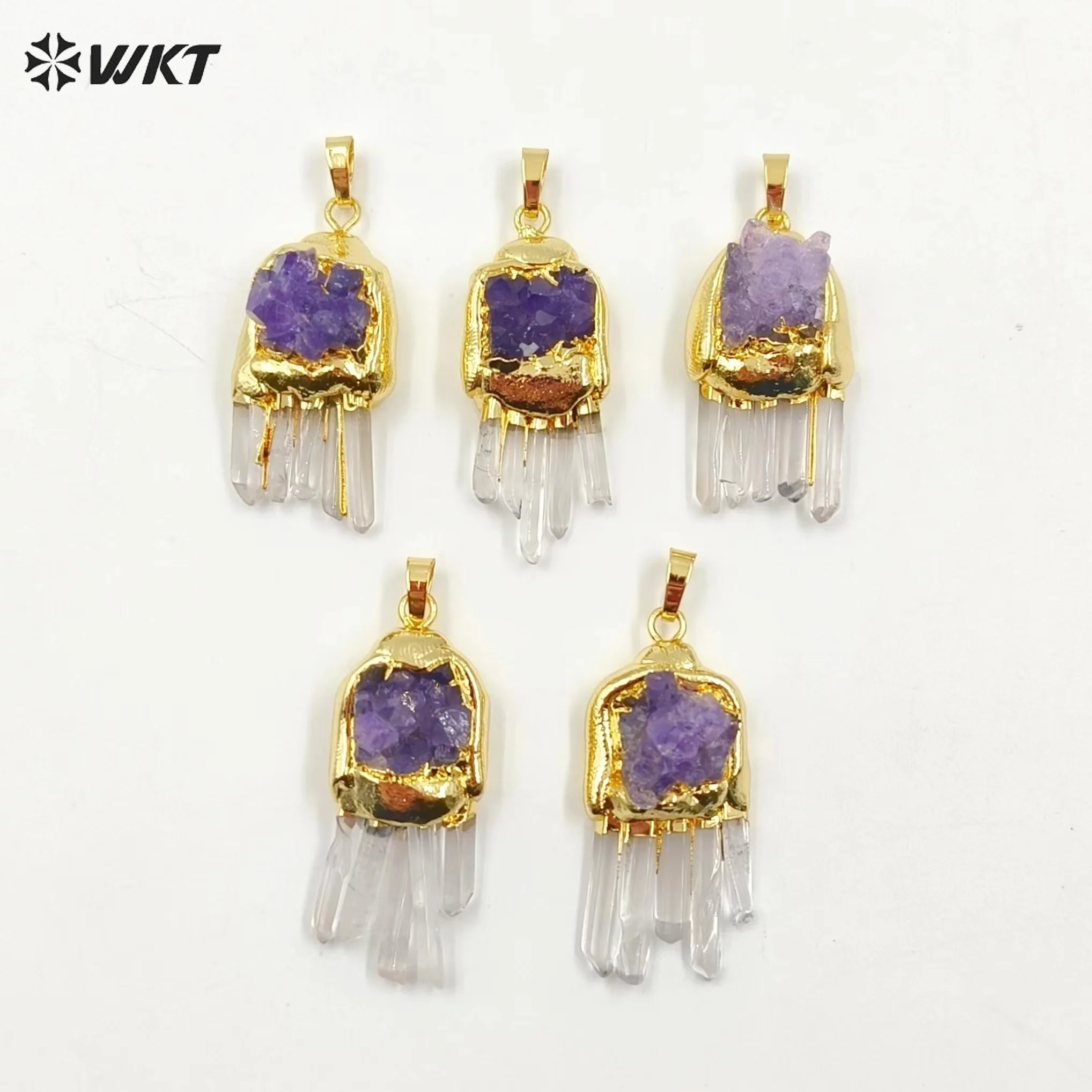 

WT-P1976 Wholesale New Design 18K Real Gold Plated Crystal Quartz Statement With Druzy Amethyst Pendants For Necklace