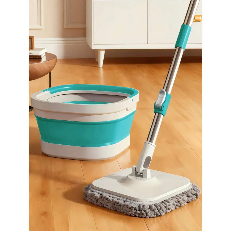 

Flat Floor Mop And Bucket Set, Foldable Spin Mop For Floor Cleaning & Square-Head Collapsible Bucket, Bathroom Cleaning Mop