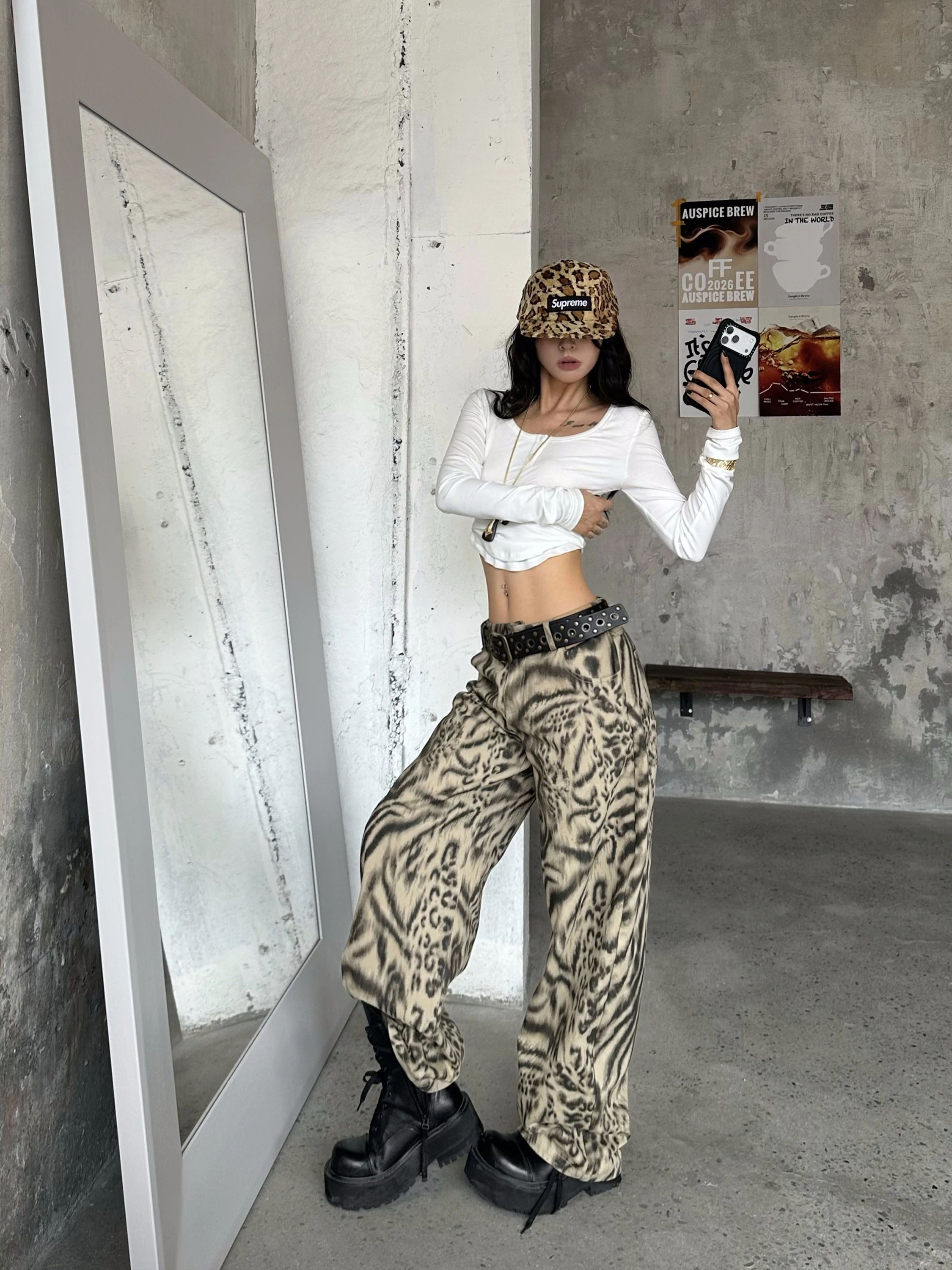 Low Waist Leopard Print Wide Leg Casual Pants Women's Autumn Loose Straight Tube Long Trousers Comfortable Cotton Fabric