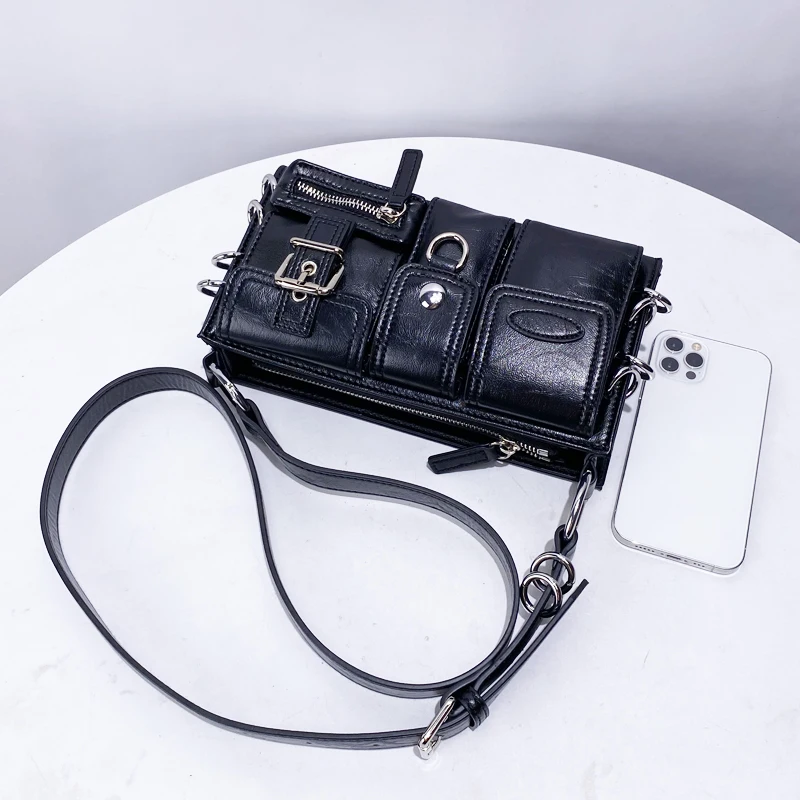 Moto & Biker Box Bag For Women Luxury Designer Handbag Purse 2024 New In PU Inlaid Metal Ring Multiple Pockets Underarm Shoulder