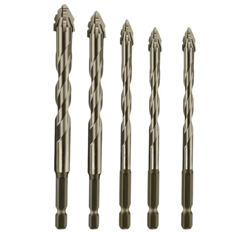 5-piece set, 4-flute carbide drills for ceramic, cast iron and concrete - Hex shank dry drilling tools.