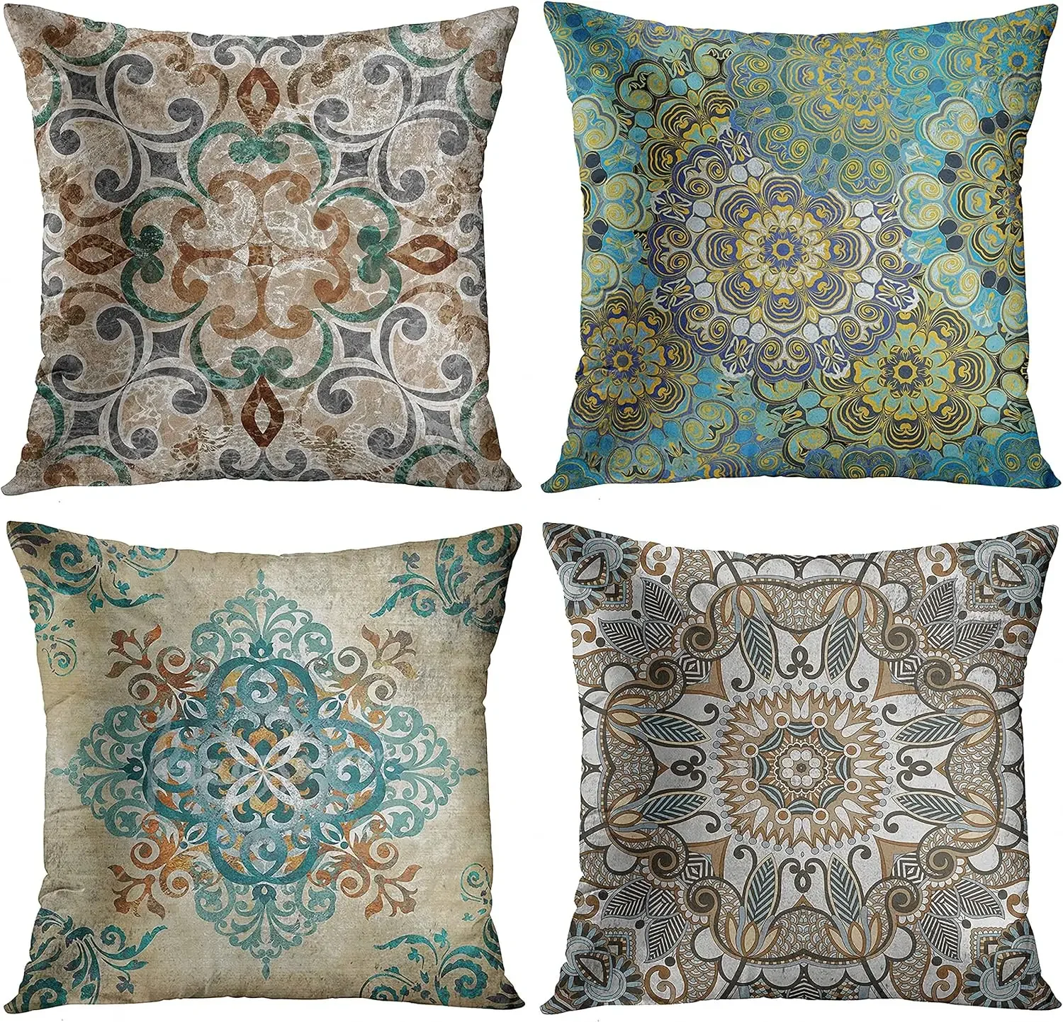 Vintage Abstract Boho Brown Green Teal and Grey Plant Leaf Floral Decorative Pillow Cases Home Decor Square Cushion Covers