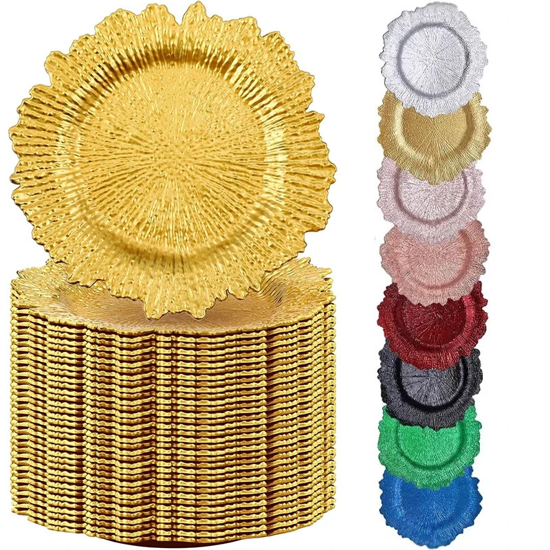 100pcs Gold Hotel Party And Banquet Charger Plates, Reef Plate, Chargers For Dinner, Plastic Decorative Plates For Table Setting