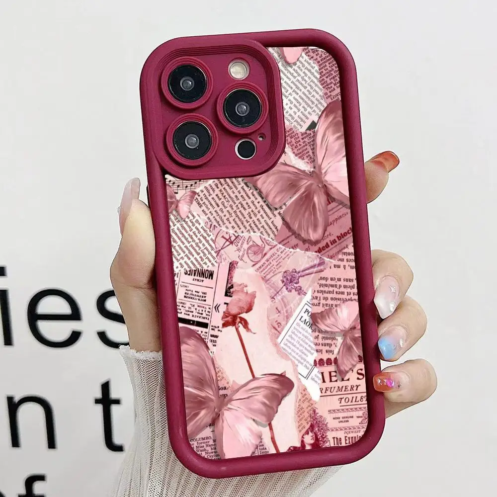 

Pink Cute Butterfly Silicone Soft Phone Case For iPhone 17 16 16E 15 14 13 12 11 Pro Max Plus Shockproof Candy Cover