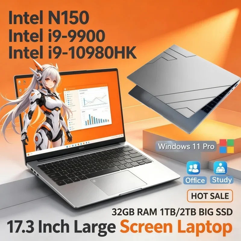 Reliable 17.3 Inch Large Screen Laptop Intel Core N150 I9‑9900 I9‑10980HK New Sleek Portable 16/32GB 2TB Windows11 PC