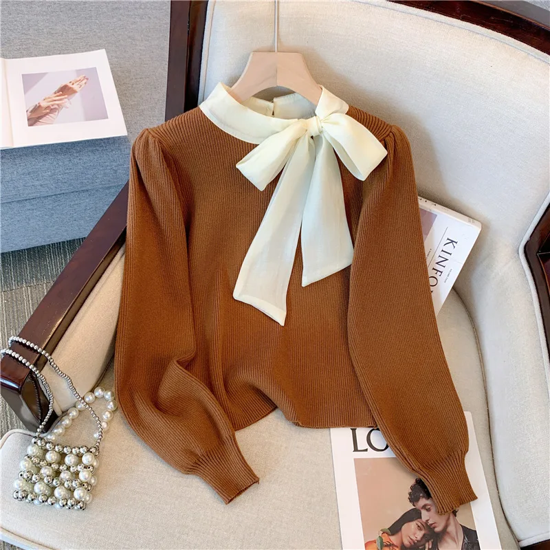 

Women's Knitted Sweater Knot Tie Waist Autumn Winter New Style Elegant High-End Feeling Base Layer Top