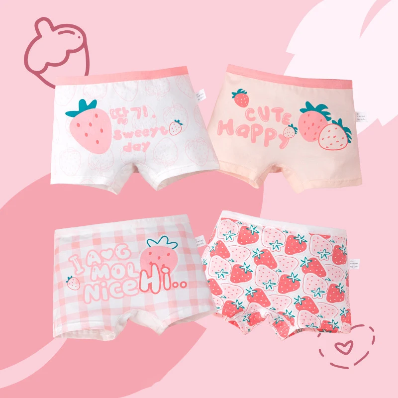 4pcs Girls Underwear Little Girl Boxer Shorts 5-14 Year Old Student Cartoon Underwear Cotton Strawberry Children Underwear