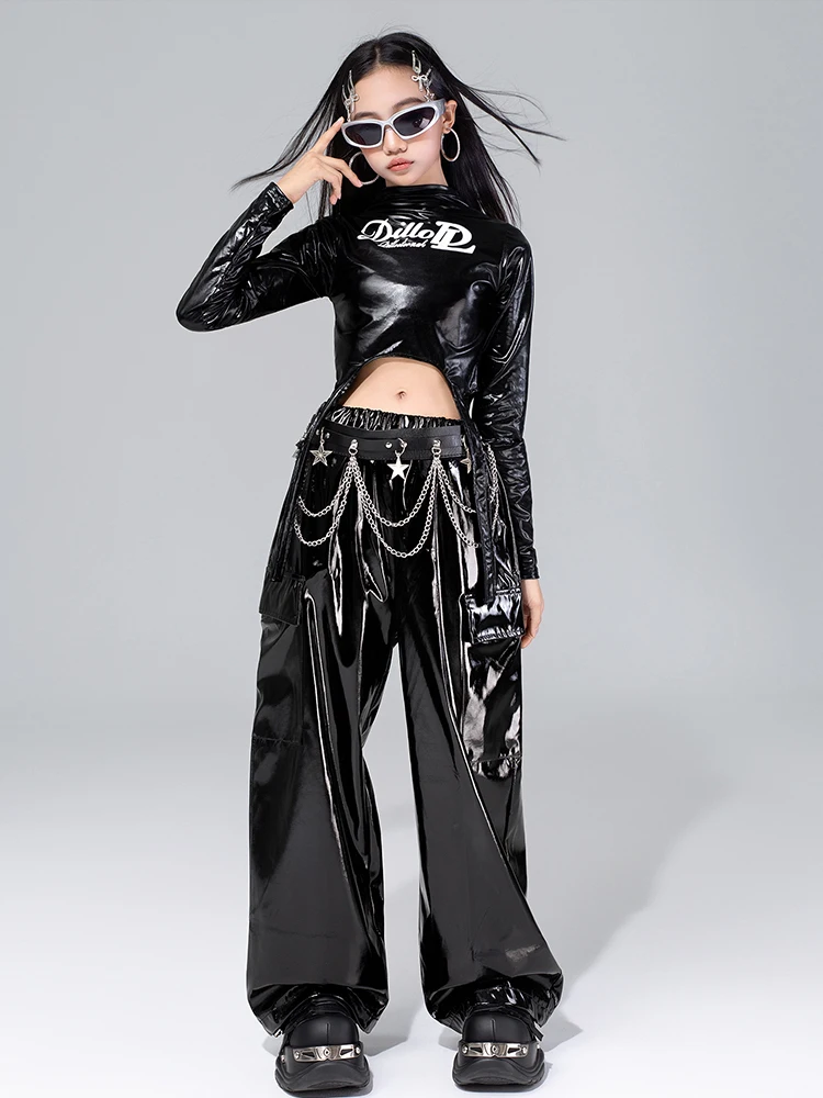 2025 ملابس رقص الجاز للفتيات ملابس أداء Kpop لامعة سراويل رقص سوداء موضة الهيب هوب ملابس الرقص في الشارع VDL4575 #5