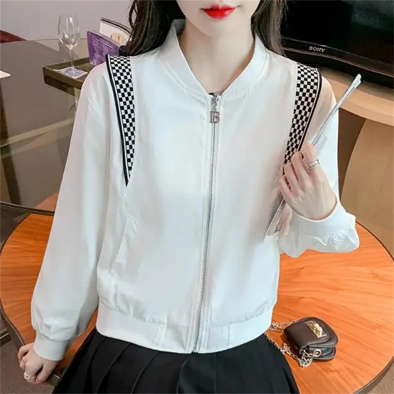 Spring Autumn Short Casual Jacket Women 2024 New Loose V-Neck Pure Colour Coat Fashion Plaid Splicing Long Sleeve Top Female