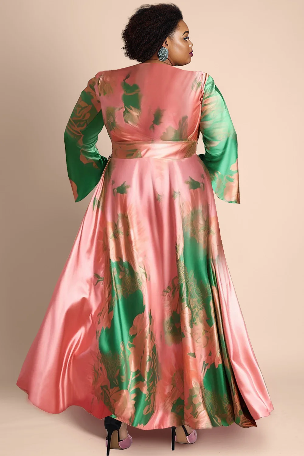 Damen-Satinkleid in Übergröße, Urlaub, elegant, rosa, Farbblock-Flare, lange Ärmel, Hochzeitsgast, V-Ausschnitt, Maxikleider, Robe 2025,