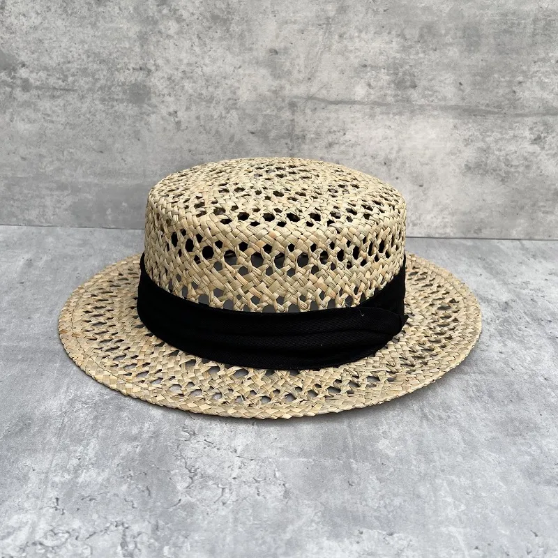 Women's Spring Summer French Flat Top Straw Hat Hollow Beach Vacation Cap