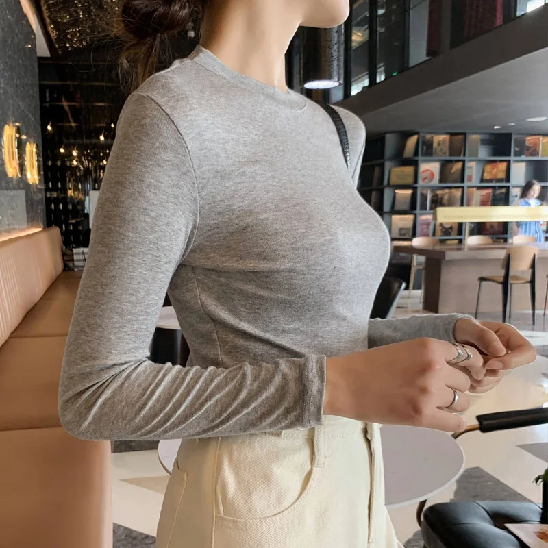 Spring Women's T-Shirts Full Sleeve Round Neck Modal Solid Color Elegant Chic Basic Tops Tees Office Ladies Autumn Blouse C4923 image 4
