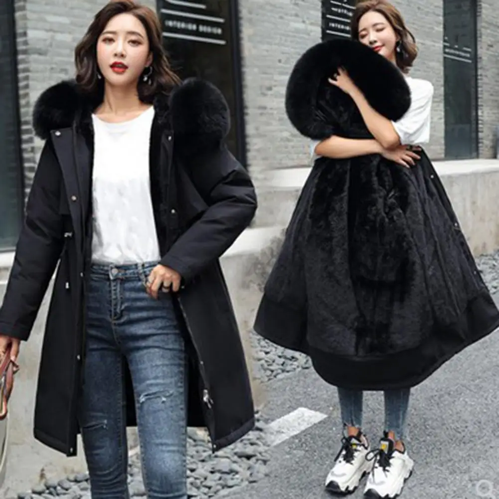 Winter Windbreaker Fur Collar Waist Drawstring Women Parka Faux Fur Hooded Fleece Lined Padded Winter Jacket fort Women Coat