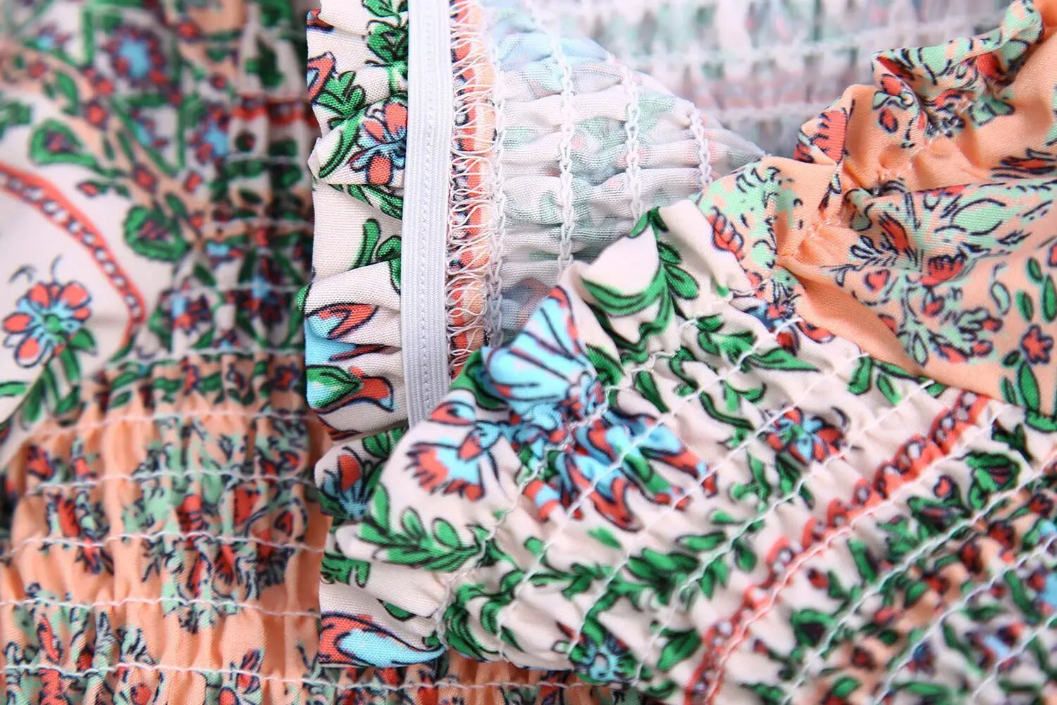 Puff Sleeve Crop Top Holiday Blouse Autumn Shirt Women BOHO Ruched Top Elastic Slash neck floral Print Pullover Shirt