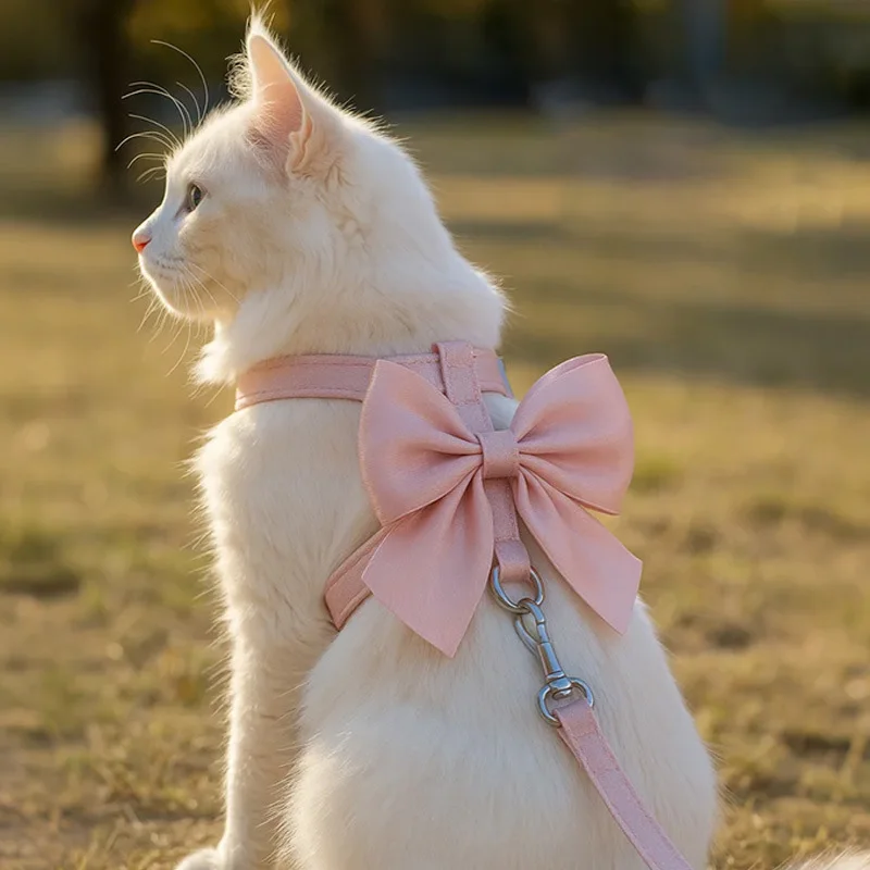 

Cat Gift Adjustable Shiny Large Rowknot Collar Bow Tie for Small Dog Escape-Proof Harness 1.2m Webbing Traction Rope Accessories