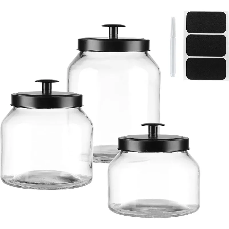 

Clear Glass Kitchen Canister Set, Cookie Jar, Food Storage Container, Bathroom Jar with Metal Airtight Lid (Black)