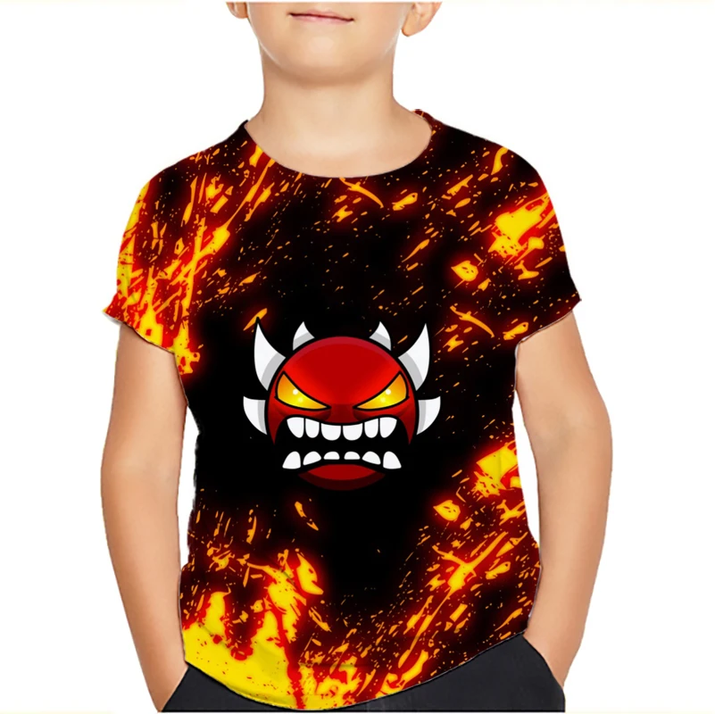 Angry Geometry Dash T-shirt For Boys Clothes Cartoon Summer Thin Round Collar Kids Tees Tops Popular Design Children T Shirts