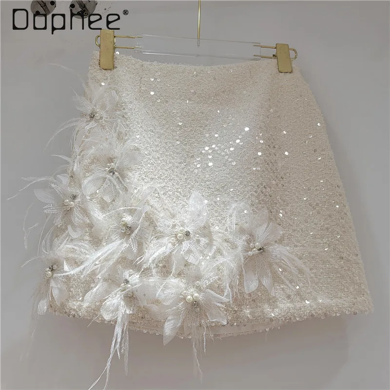 

Sweet Heavy Craft Shiny Patchwork 3D Flower Patchwork Mini Skirt Fashion High Waist Slimming A-line Skirts Women Autumn Winter