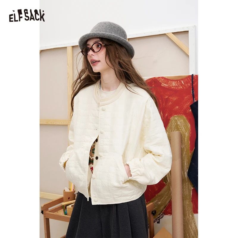 ELFSACK Women's Cream Quilted Jacket with Round Neck, Loose Casual Outerwear for Daily Wear