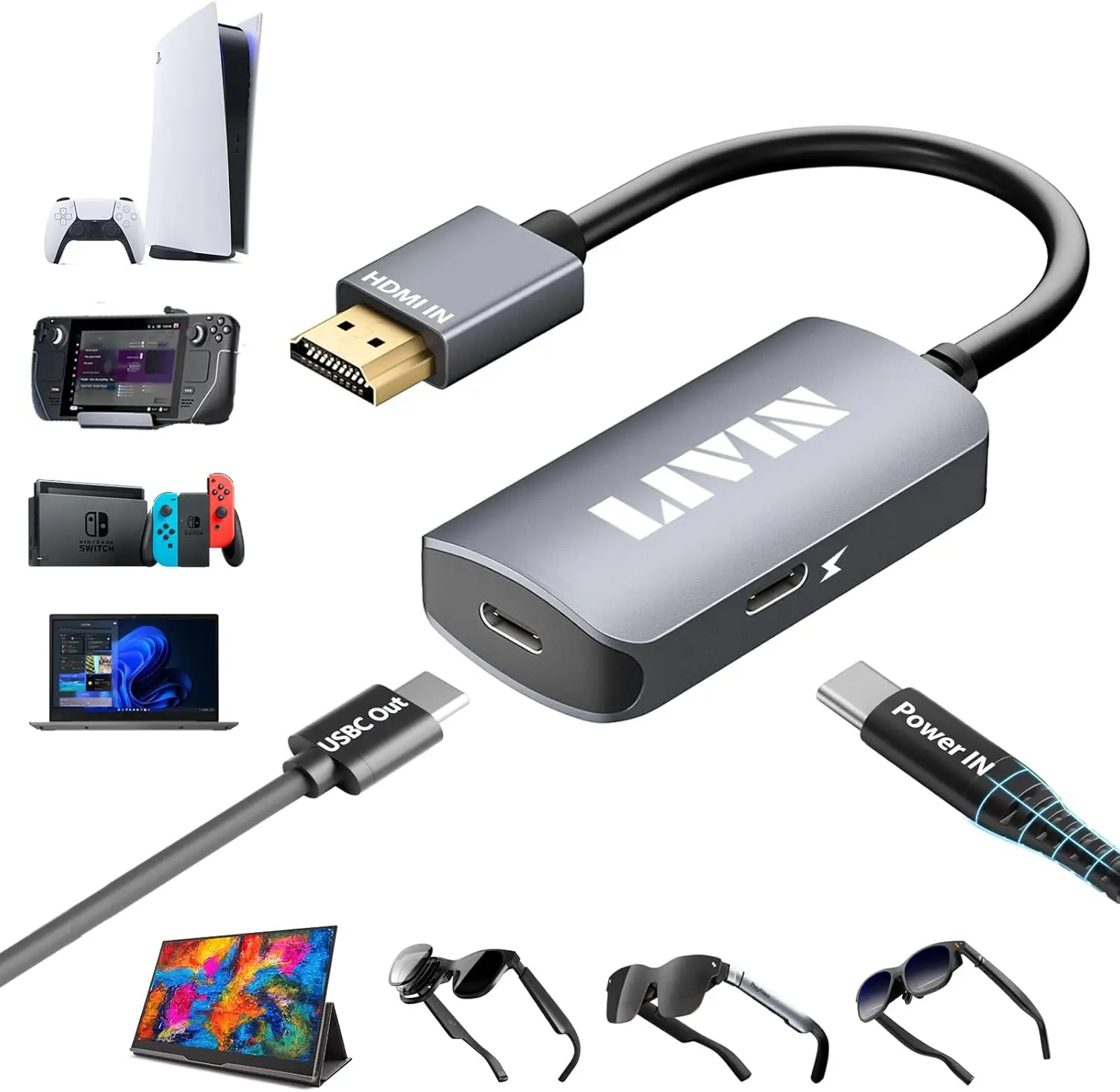 LIVIN HDMI to USB C Adapter Portable Monitor, AR Glasses XREAL/VITURE/RayNeo/Rokid, 【4K@60Hz+PD Port】