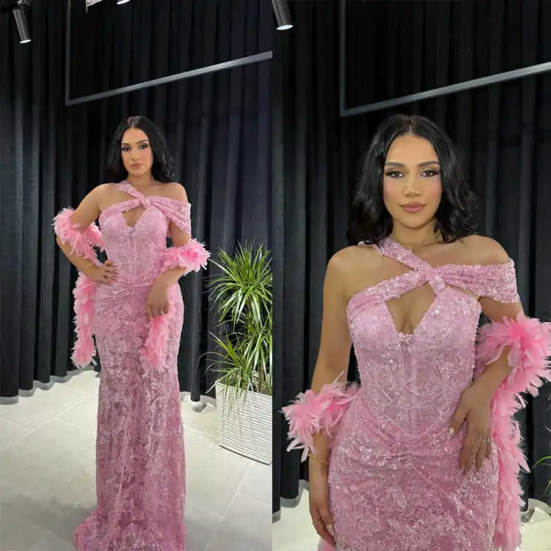 

Elegant Mermaid Evening Dress V-Neck Prom Gowns Sexy Feather Shawl Beads Satin Prom Dress vestidos de novia Plus Size Customized