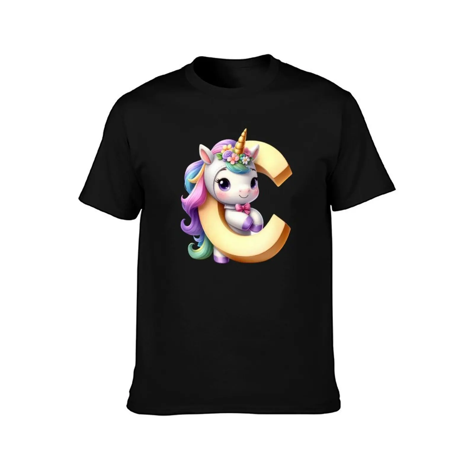 Unicorn kawaii alphabet monogram letter C T-Shirt, Summer Casual Cotton Tee, Oversized Streetwear Tops, Vintage Graphic Print