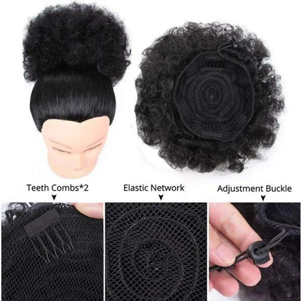 Dream seperti sintetis pendek Afro Puff rambut Bun Chignon Hairpiece serut keriting ikal klip ekor kuda ekstensi rambut untuk wanita