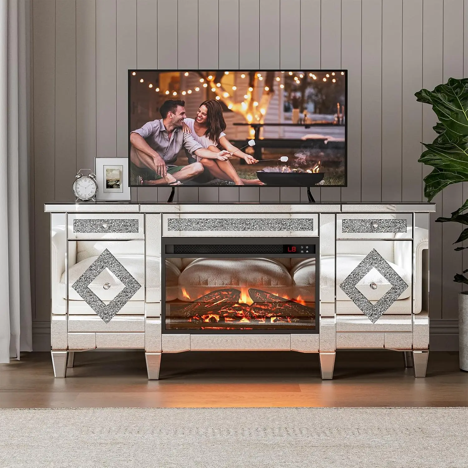 Silver Mirrored TV Stand 65+ TV Console With Drawers & Cabinets Modern Media Center Crushed Diamond Living Room, Customized