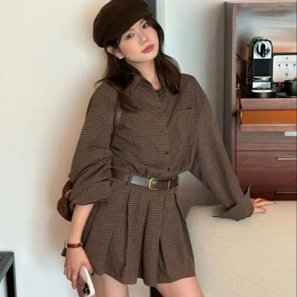 

Korea Waist-Hugging Slim Plaid Shirt Dress Women Spring Summer New Niche Short Long-Sleeved Fashionable Pleated A-Line Skirt