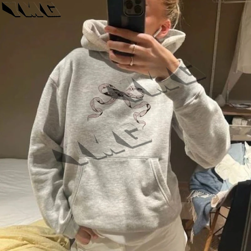 

Cute bow print women's thick cotton sports hooded sweatshirt, hip-hop oversized loose cotton sports shirt, casual women's EMO