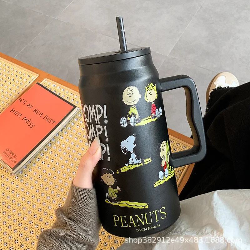 스누피 만화 보온 컵 대용량 빨대 보온 컵 주전자, 휴대용 304 스테인리스 스틸 물컵, 어린이 선물, 1500ml