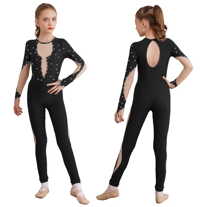 Kids Girls Ballet Dance Jumpsuit Acrobatics Gymnastics Leotards Long Sleeve Shiny Rhinestone Figure Skating Performance Bodysuit