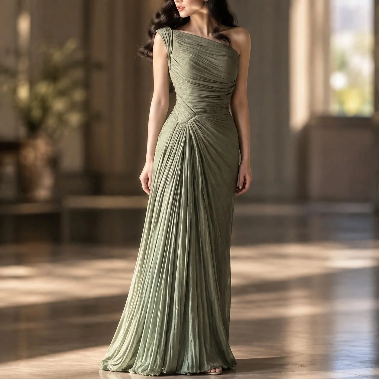 Winter Pleated Gown Mid Waist Elegant with One Shoulder Regular Sleeve Sleeveless Maxi Length Long Dress Pleated Dress for Women